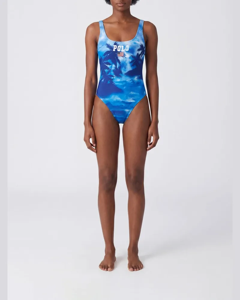 Ralph Lauren Geblümter Badeanzug mit quadratischem Ausschnitt Blau