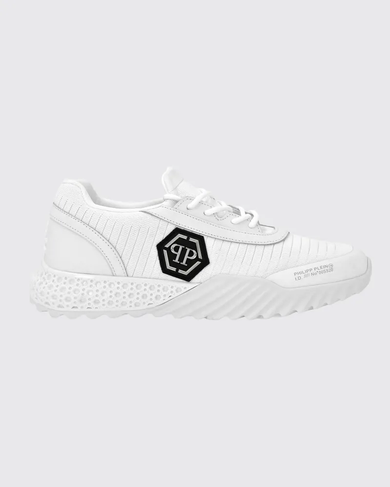 Philipp Plein Niedrige Hexagon Runner Sneakers aus Leder und Strick mit Monogramm Weiß