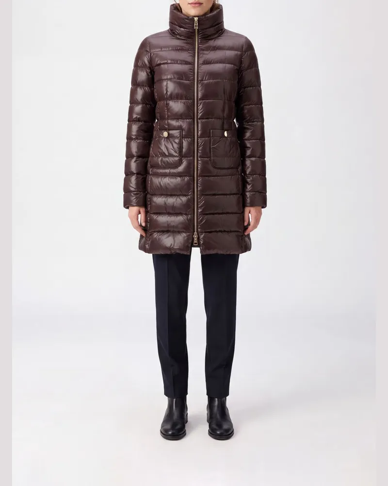 Herno Lange, wasserabweisende -Daunenjacke aus Nylon mit hohem Kragen und schmaler Passform Braun