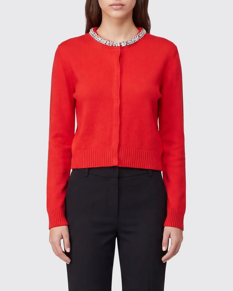 Pinko Strickjacke aus Wollmischung mit Rundhalsausschnitt und Kristallapplikationen Rot