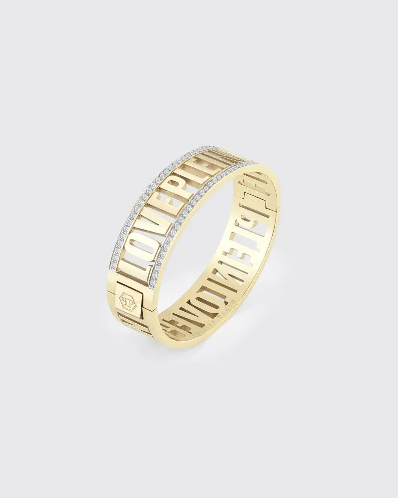 Philipp Plein Steifer Stahl-Armreif von mit Kristallen und Logo-Schriftzug Gold
