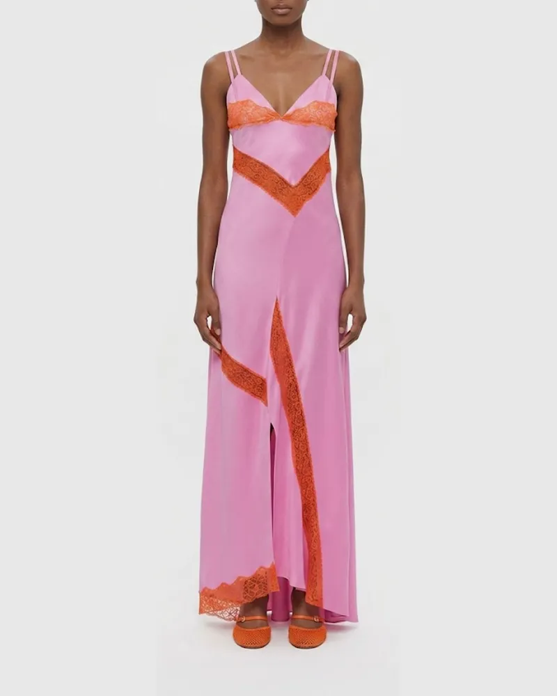 MSGM Langes Slip-Kleid von aus Satin mit Spitzeneinsätzen und vorderem Schlitz Pink