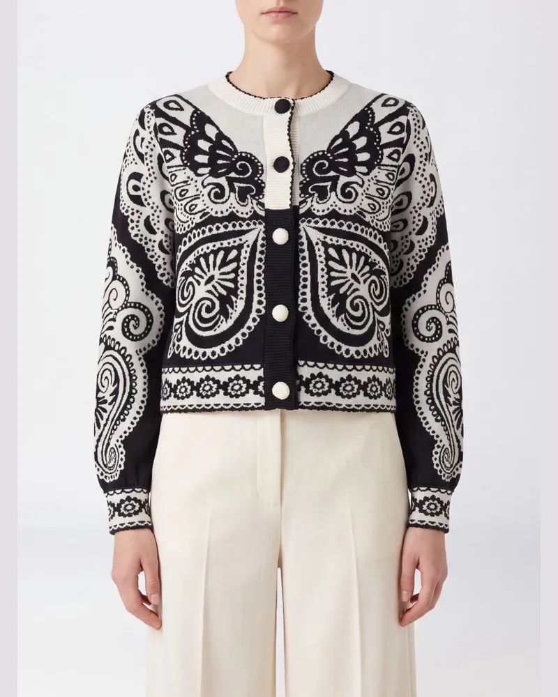 FARM Rio Jacquard-Strickcardigan mit abstraktem Muster und Knopfverschluss Weiß