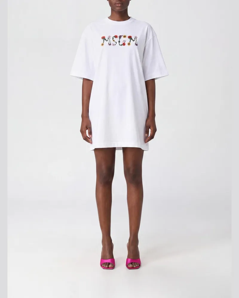 MSGM Mini-T-Shirt-Kleid von aus Baumwolle mit Kontrastlogo und überschnittenen Schultern Weiß