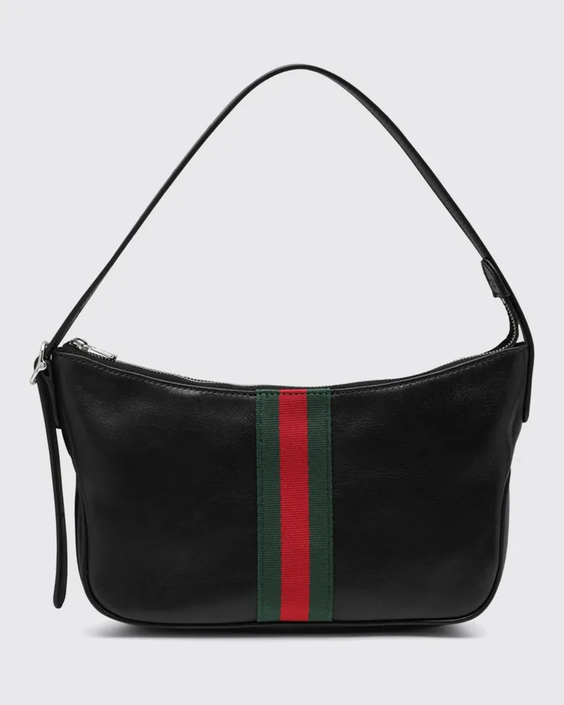 Gucci Lunetta Web Leder-Schultertasche Schwarz