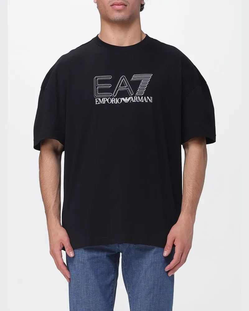 EA7 Rundhals-T-Shirt aus Baumwolle mit Logo Schwarz