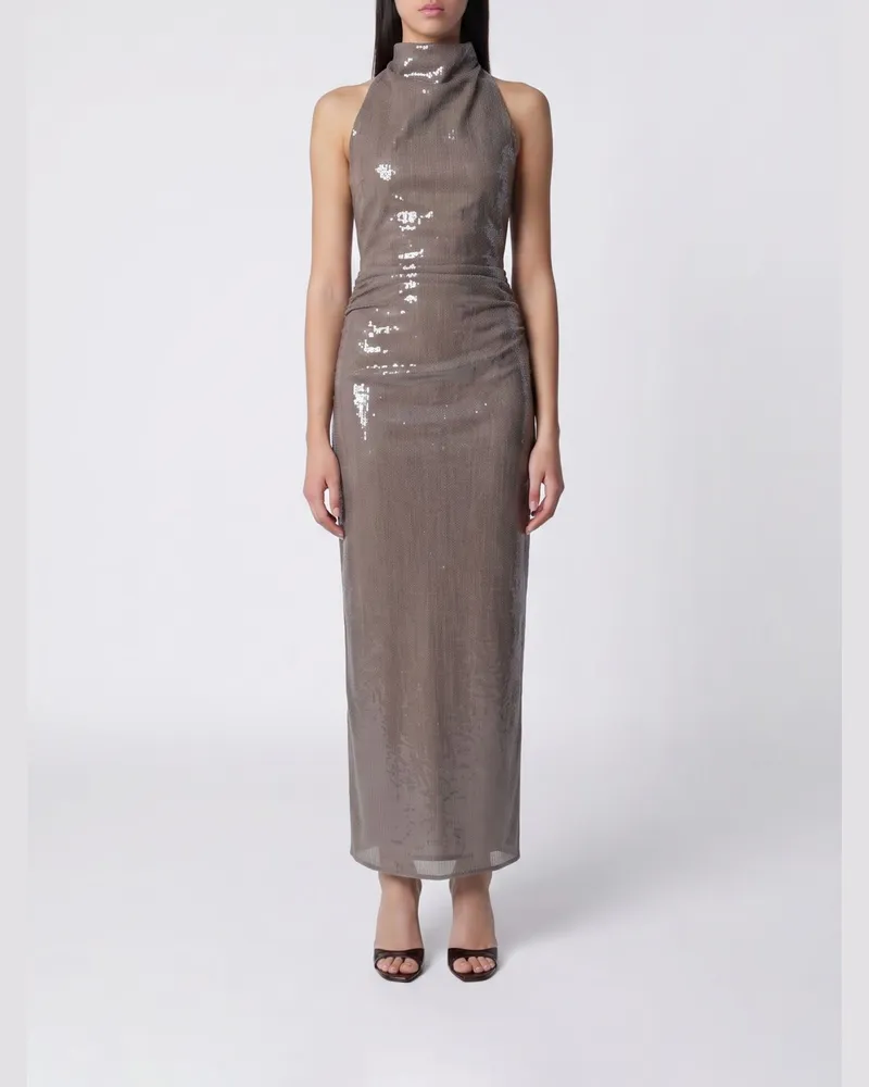 ROTATE Birger Christensen Langes, paillettenbesetztes Etui-Abendkleid mit Neckholder Mud