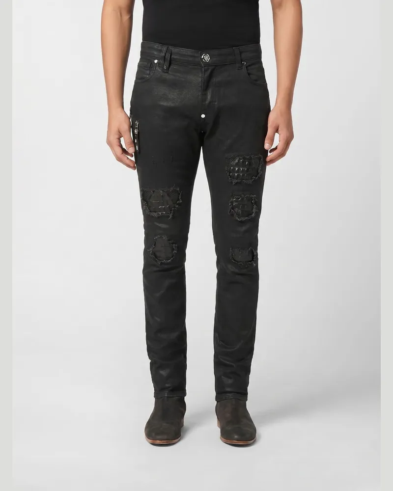 Philipp Plein Skinny Fit Jeans aus Used-Denim Schwarz