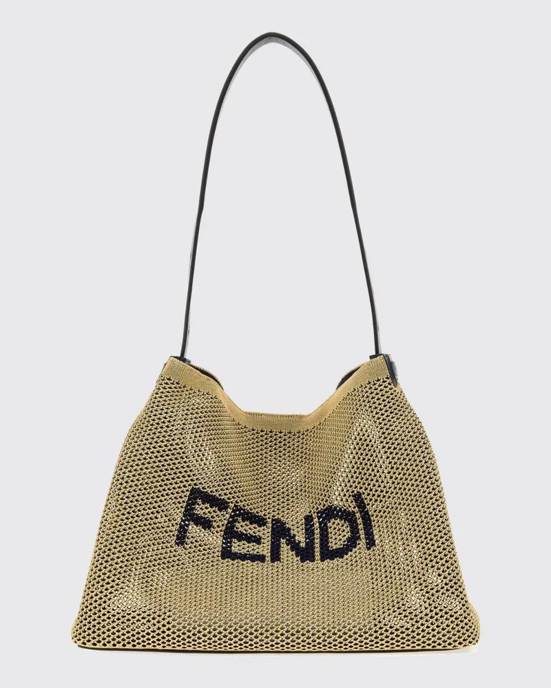Fendi Schultertasche aus perforiertem Bast mit Schriftzug-Logo und Ledergriff Gelb