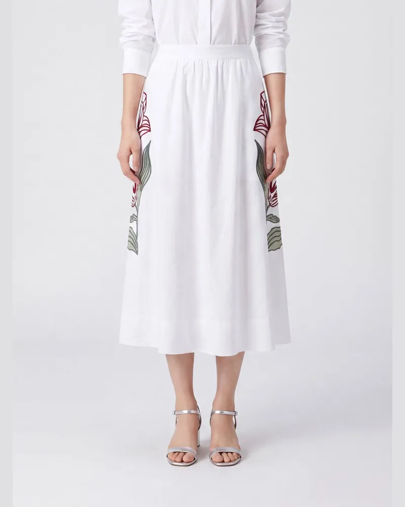 FARM Rio Geblümter Leinen-A-Linien-Midi-Rock Off-White Flower mit hoher Taille Weiß