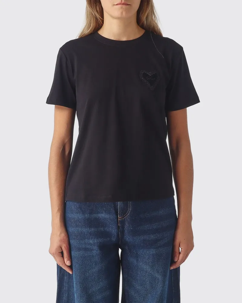 Twin-Set Baumwoll-T-Shirt mit Rundhalsausschnitt, kurzen Ärmeln und Ton-in-Ton-Logo Schwarz