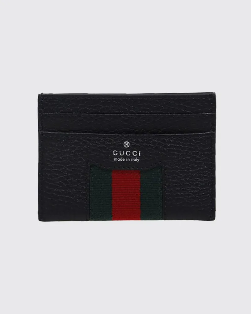 Gucci Flacher Kartenhalter von aus gehämmertem Leder mit Web-Detail Schwarz