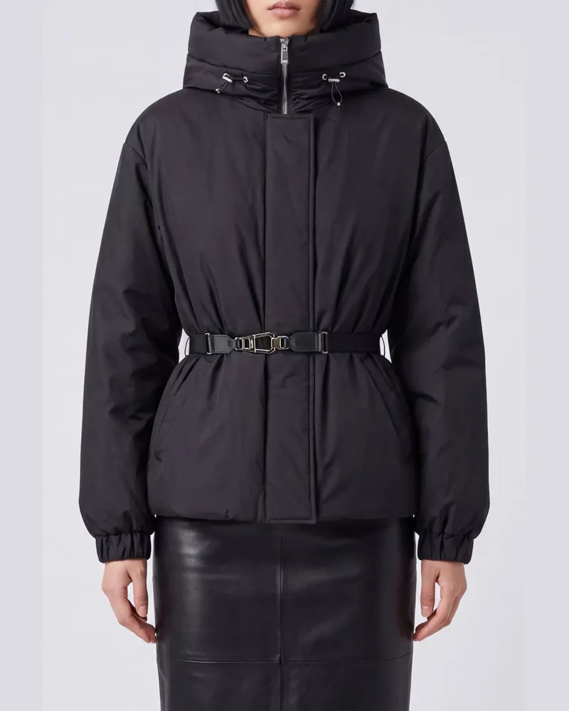 MOORER Gepolsterte kurze Daunenjacke mit Kapuze, hohem Kragen und Gürtel Schwarz