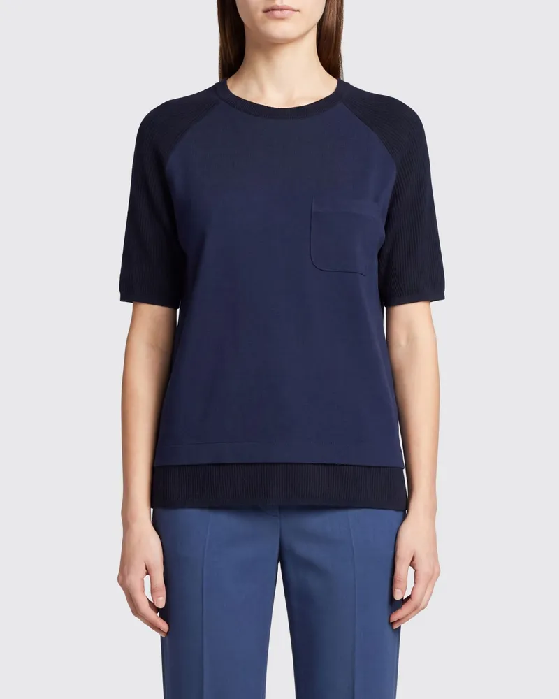 Max Mara Rundhals-T-Shirt aus Seide und Kaschmir mit aufgesetzter Tasche Blau
