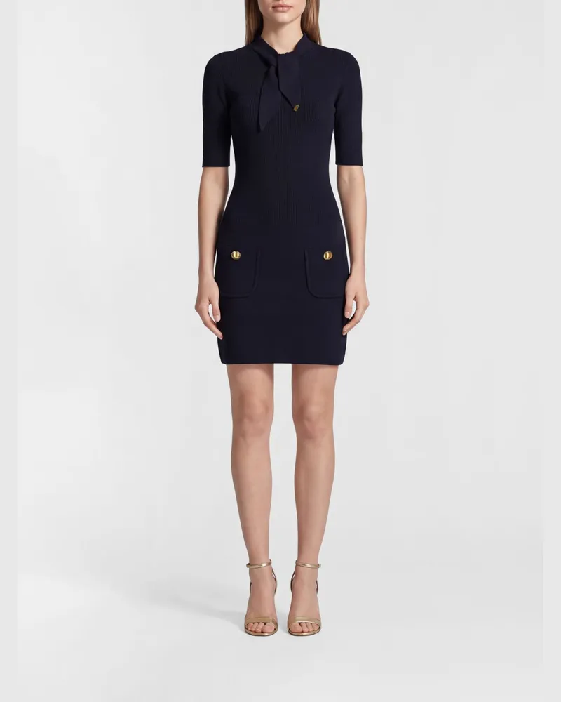 Elisabetta Franchi Strick-Minikleid mit Schluppenkragen und Taschen Blau