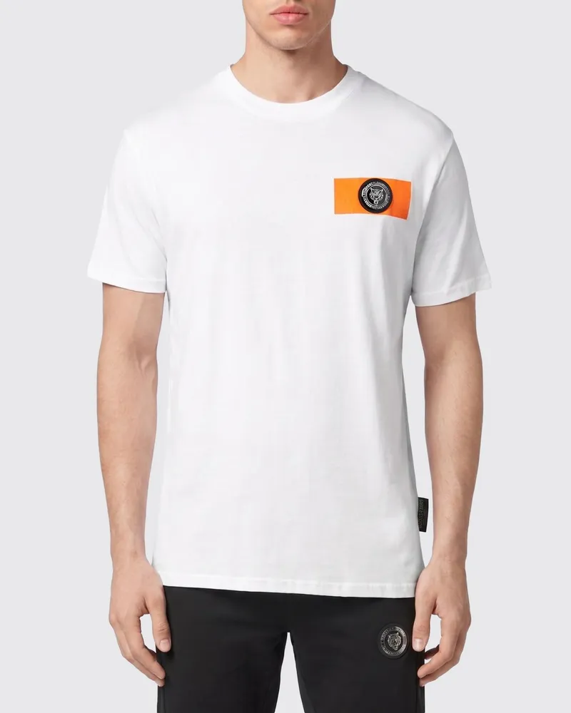 Philipp Plein Kurzärmeliges Baumwoll-T-Shirt mit Kontrastlogo Weiß