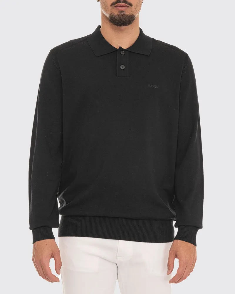 HUGO BOSS Langärmeliges Baumwoll-Poloshirt mit Ton-in-Ton-Logostickerei Schwarz