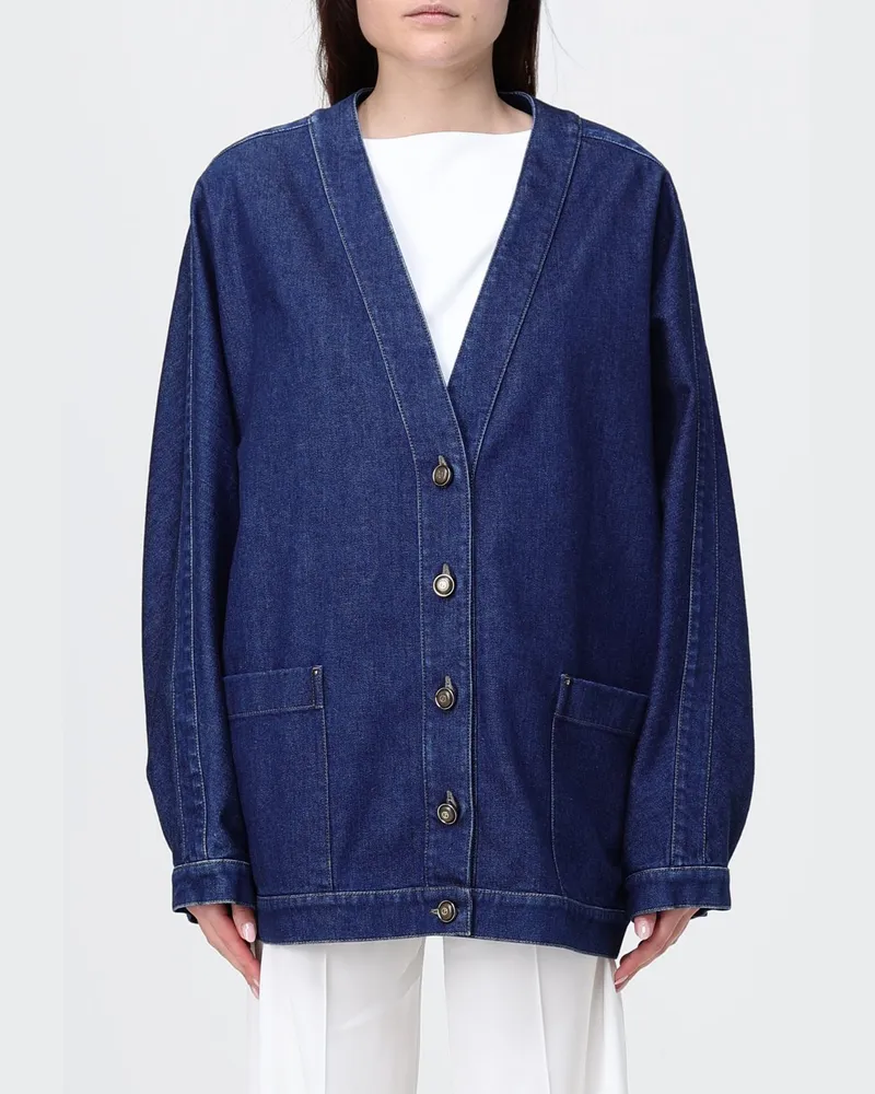 Giorgio Armani Einreihige Jeansjacke aus Denim mit V-Ausschnitt und aufgesetzten Taschen Blau