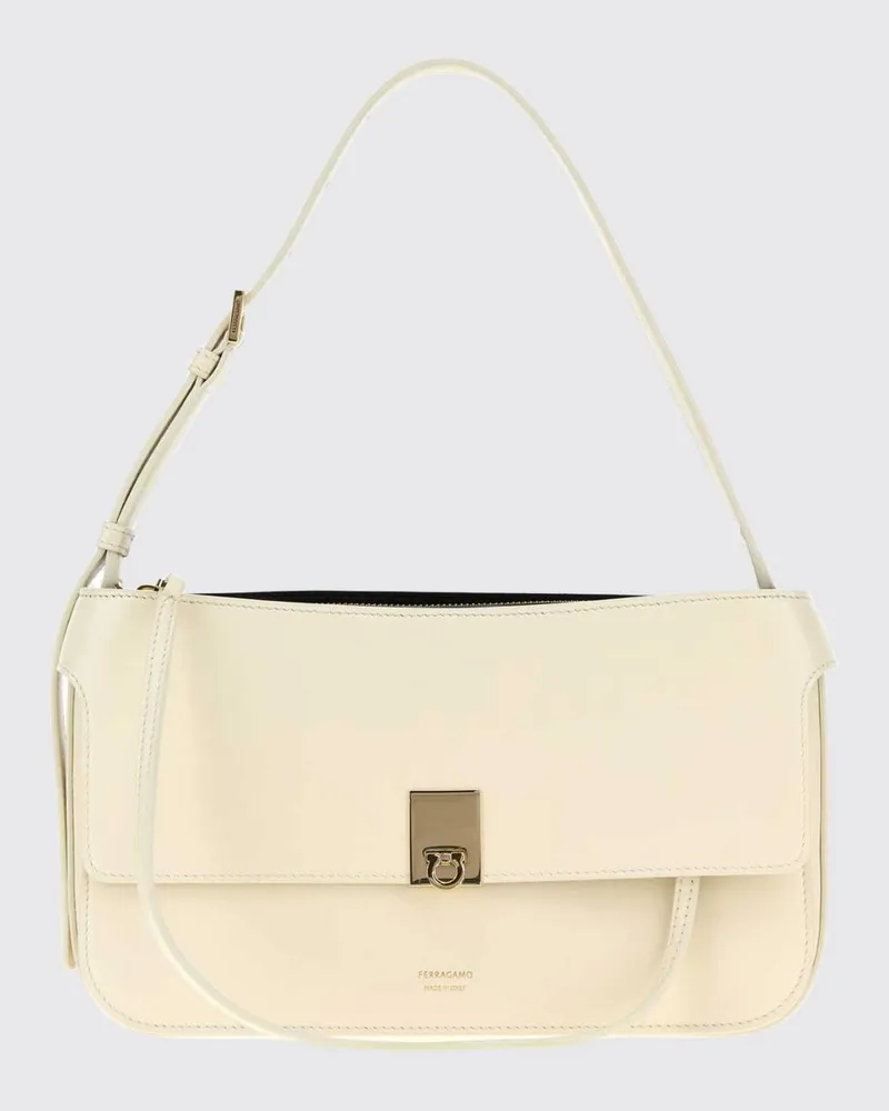 Ferragamo Schultertasche aus Glattleder mit Steckverschluss und laminiertem Logo Weiß