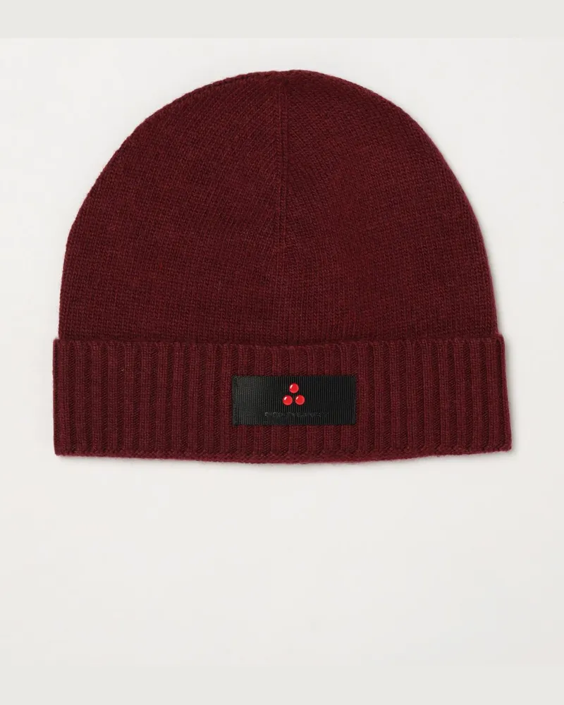 Peuterey Beanie-Mütze aus Woll-Kaschmir-Mischung mit Umschlag und Logo-Patch Burgunderrot