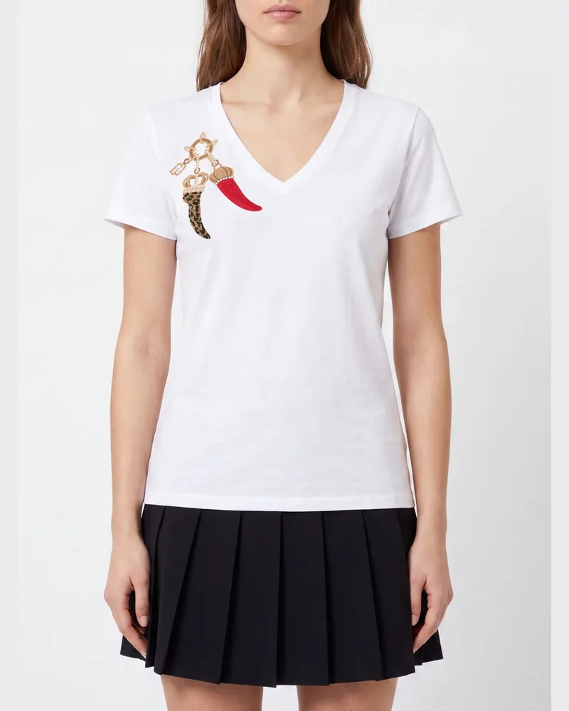 Liu Jo Slim Fit V-Ausschnitt T-Shirt aus Baumwolle mit Strass-Stickerei Weiß