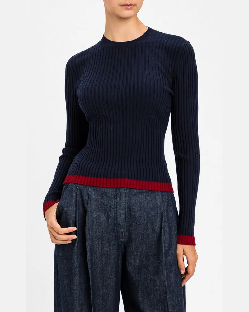 Twin-Set Slim Fit Pullover aus Viskosemischung mit Kontrastbesätzen Blau