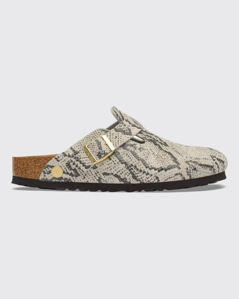 Birkenstock Boston Wildleder-Mules mit Python-Print und verstellbarem Riemen Beige