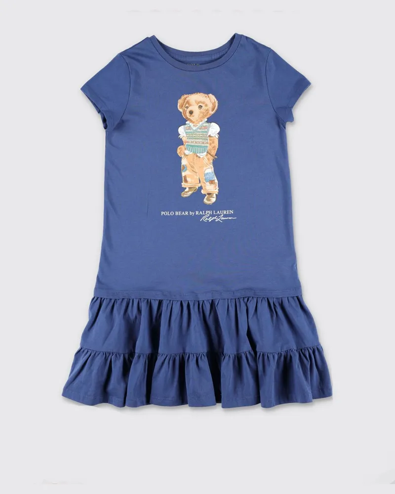 Ralph Lauren Baumwollkleid für Mädchen mit Teddybär-Print und Rüschen Royal