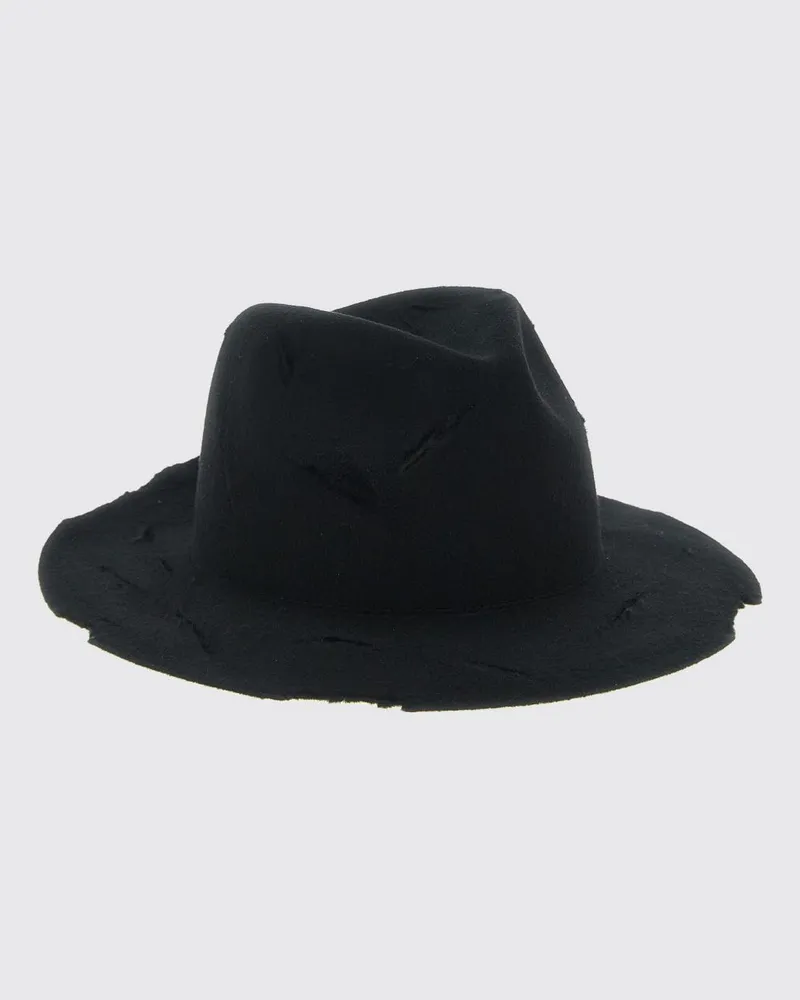 Yohji Yamamoto Hut mit breiter Krempe aus Wollfilz mit Used-Effekt Schwarz