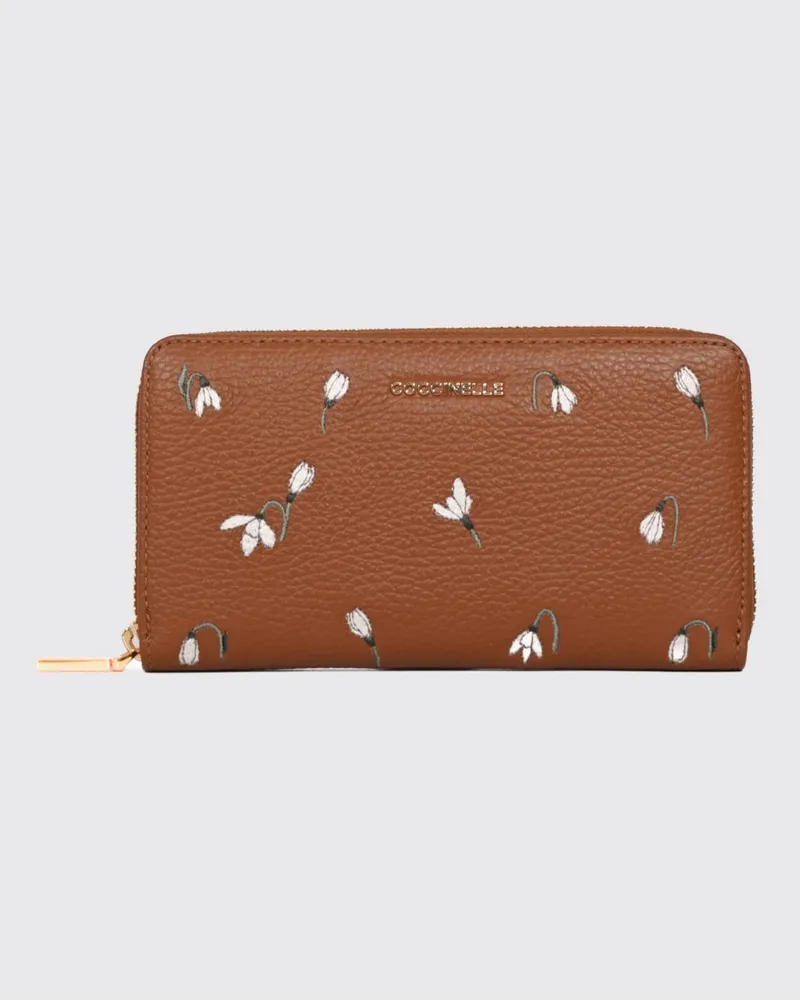 Coccinelle Continental-Geldbörse aus genarbtem Leder mit Blumenstickerei Burnt