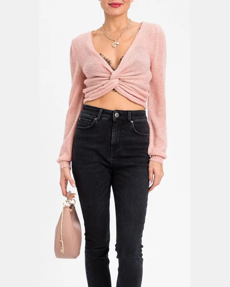 Twin-Set Drapiertes Cropped-Stricktop mit V-Ausschnitt und langen Ärmeln Pink