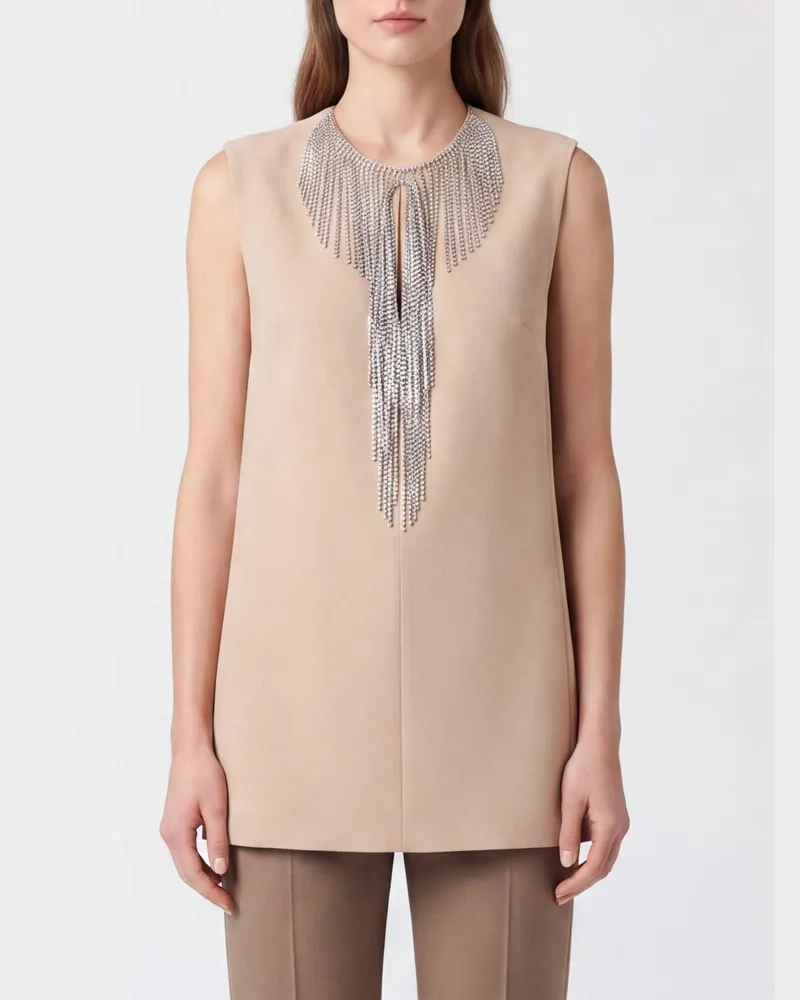SPORTMAX Cady-Etuikleid in Minilänge mit Schmuckkragen und Strass Beige