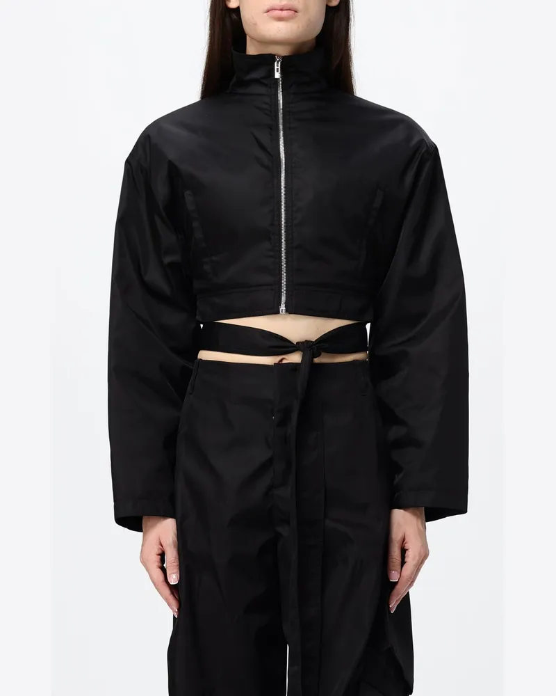Alaïa Cropped Bomberjacke aus technischem Taft mit Stehkragen und Gürtel Schwarz