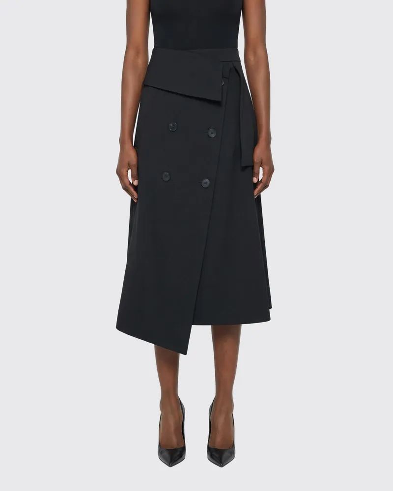 Róhe Asymmetrischer Midi-Wickelrock aus Schurwollmischung mit mittlerer Taille Schwarz