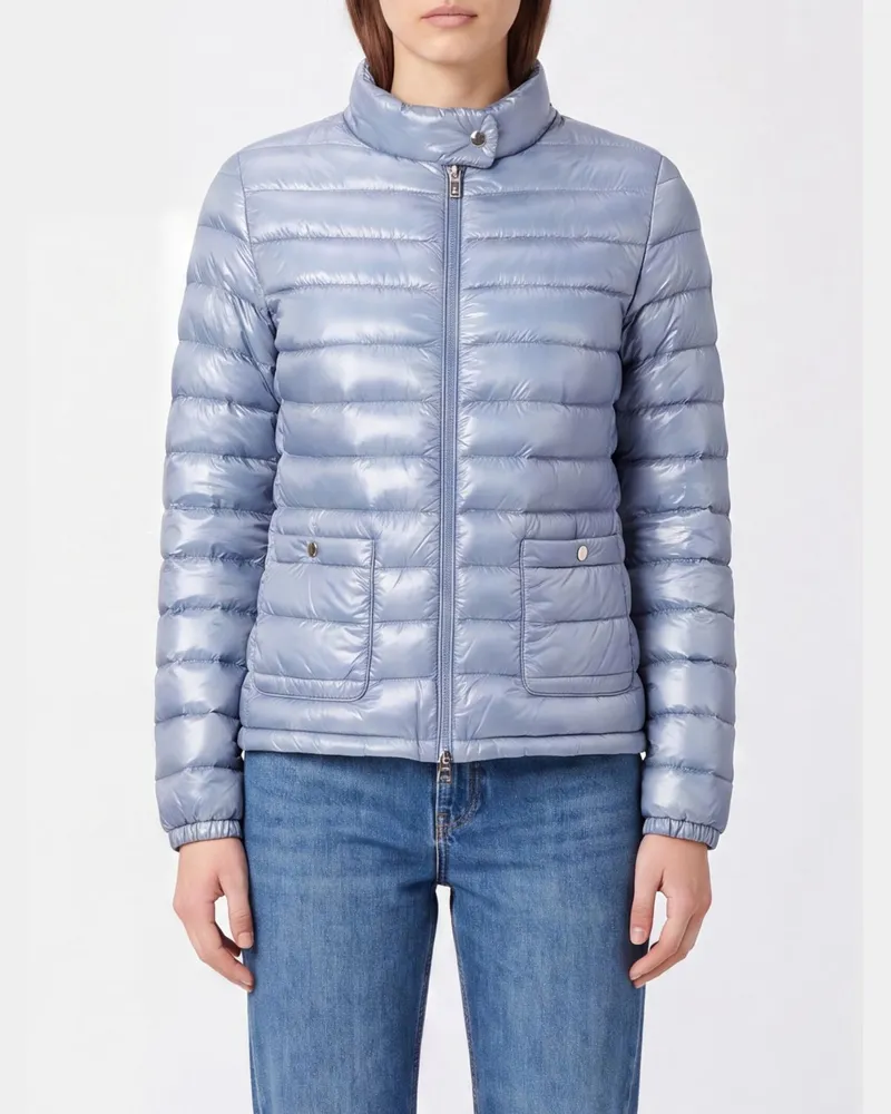 Herno Kurze Daunenjacke aus ultraleichtem Nylon mit Biker-Kragen und Reißverschluss Hellblau