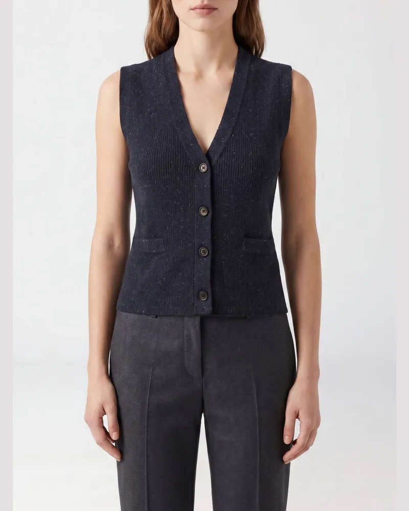 Brunello Cucinelli Slim Fit Strickweste aus Kaschmirmischung mit Lurex und V-Ausschnitt Blau