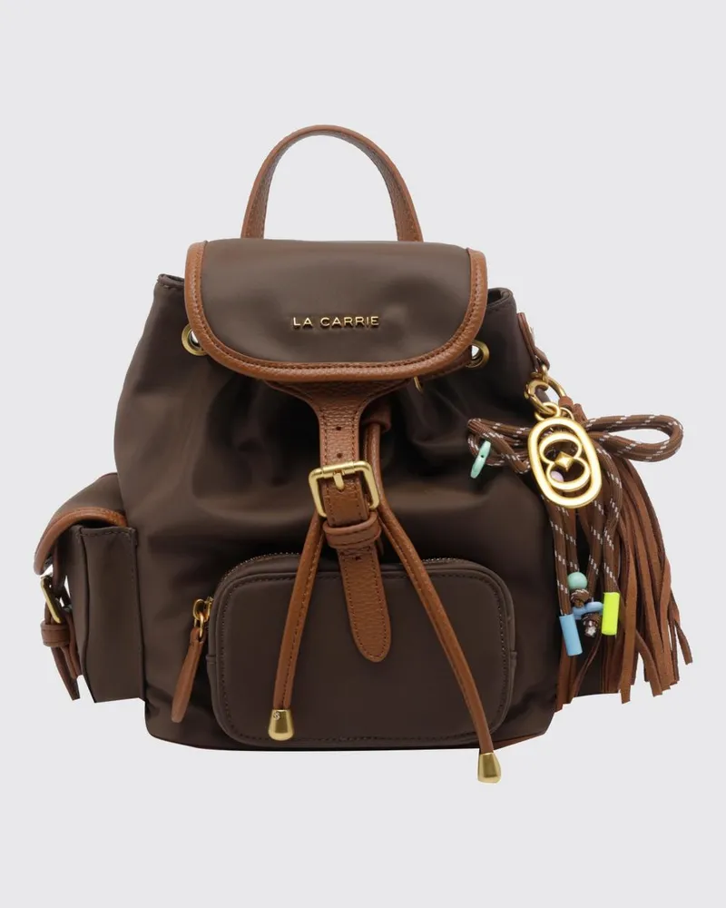 LA CARRIE zweifarbiger Nylon-Rucksack mit aufgesetzten Taschen und Quasten Braun