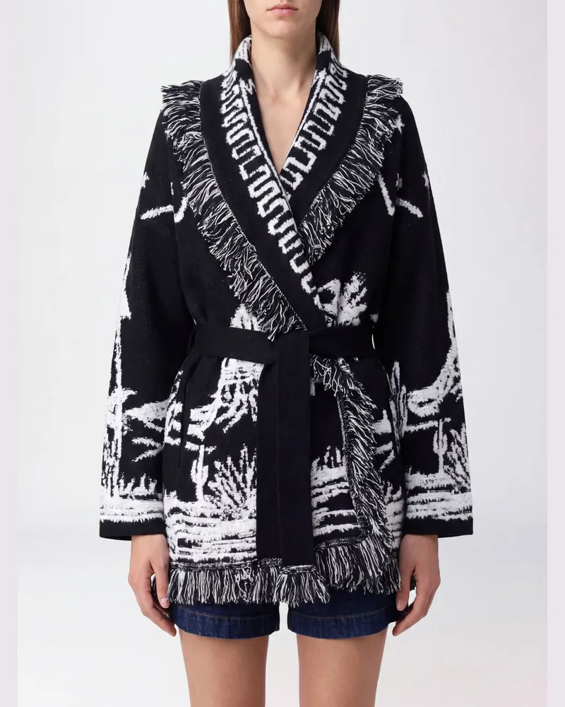 Alanui Jacquard-Cardigan aus Kaschmir und Wolle mit Fransen und Gürtel Schwarz