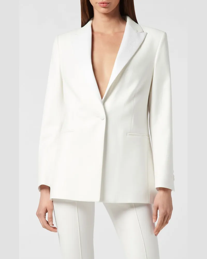 Philipp Plein Einreihiger Cropped-Blazer von aus Wollmischung mit steigendem Revers Weiß