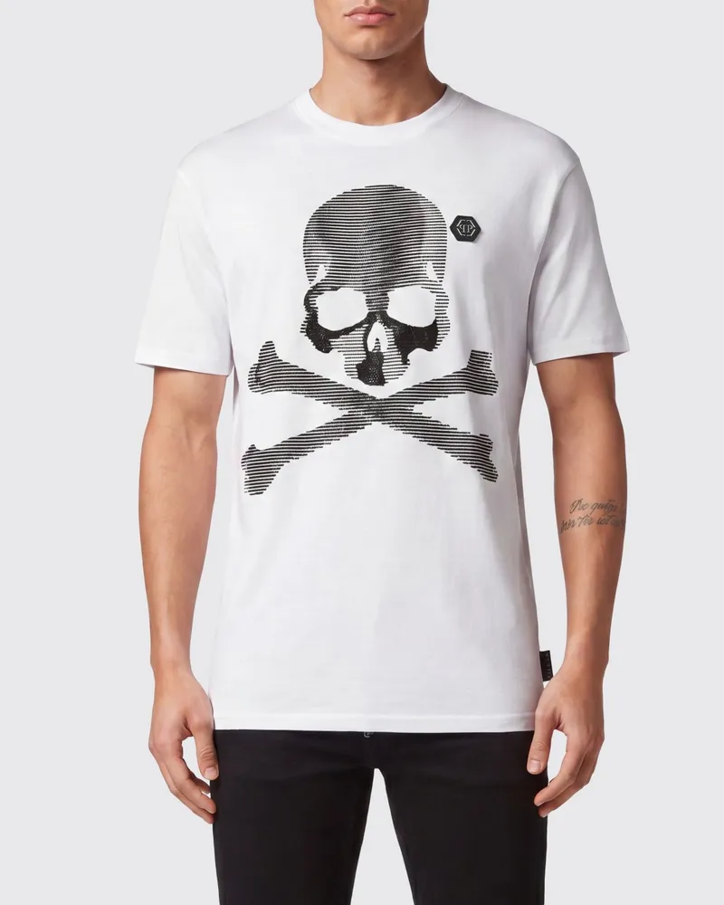 Philipp Plein Kurzärmeliges Baumwoll-T-Shirt mit Totenkopf-Print Weiß