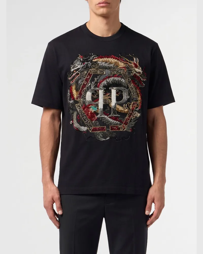Philipp Plein PP besticktes T-Shirt mit Perlen Schwarz
