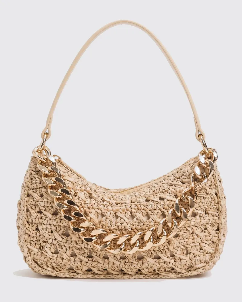 Twin-Set Liliane zweifarbige Hobo-Tasche aus Bast mit Metallic-Mesh-Einsätzen Natural