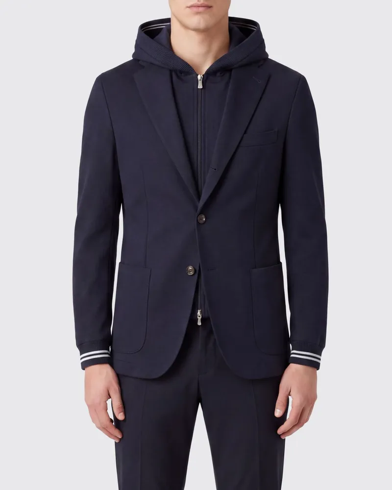 Eleventy Einreihiger Baumwoll-Blazer von mit Kapuze und Kontrastpaspel Blau