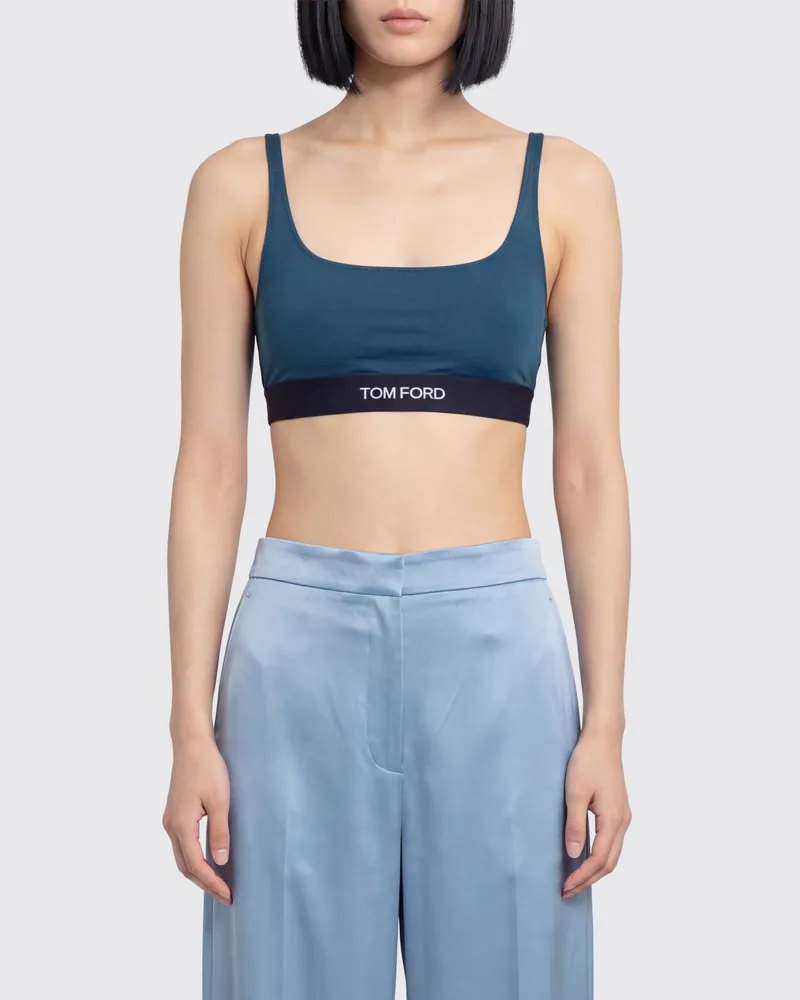 Tom Ford Cropped Bralette-Top aus Modal mit kontrastierendem Logo-Band Blau