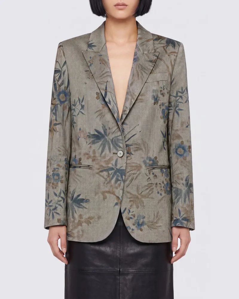 forte_forte Kurzer einreihiger Blazer mit Blumenmuster und Spitzrevers Grün