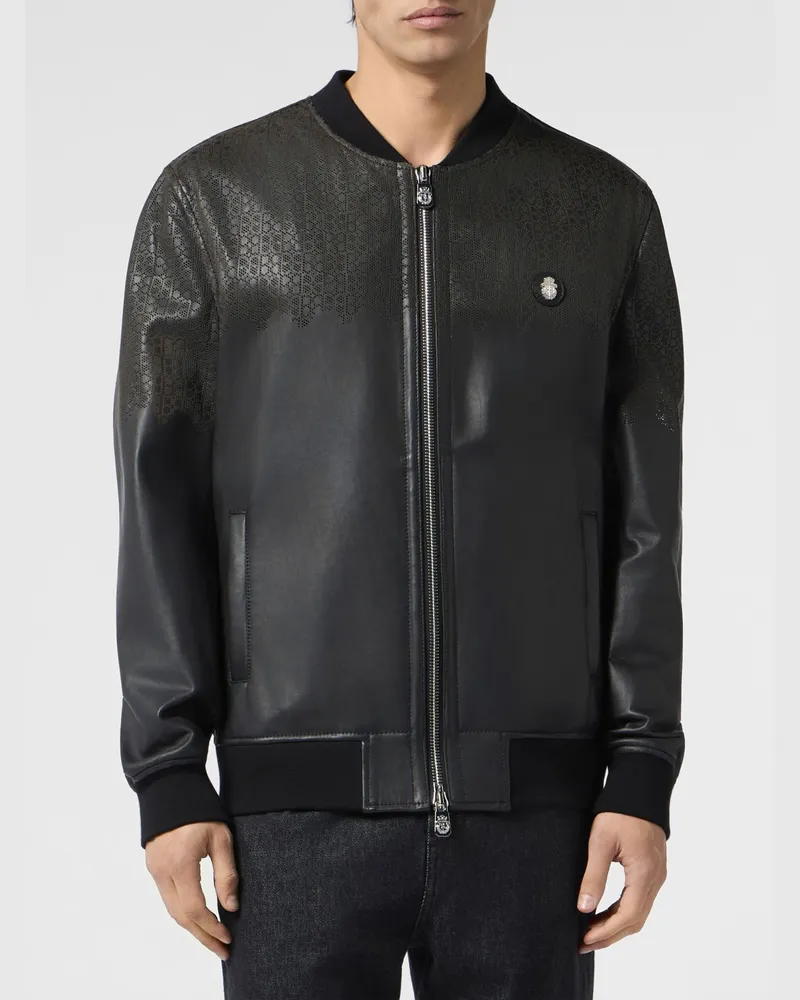 Billionaire Leder-Bomberjacke mit Monogramm-Muster und aufgesetztem Logo Schwarz