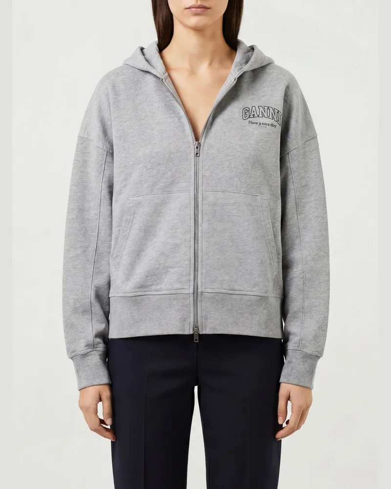 Ganni Locker geschnittene Kapuzen-Sweatjacke aus Baumwolle mit Kontrastlogo Grau