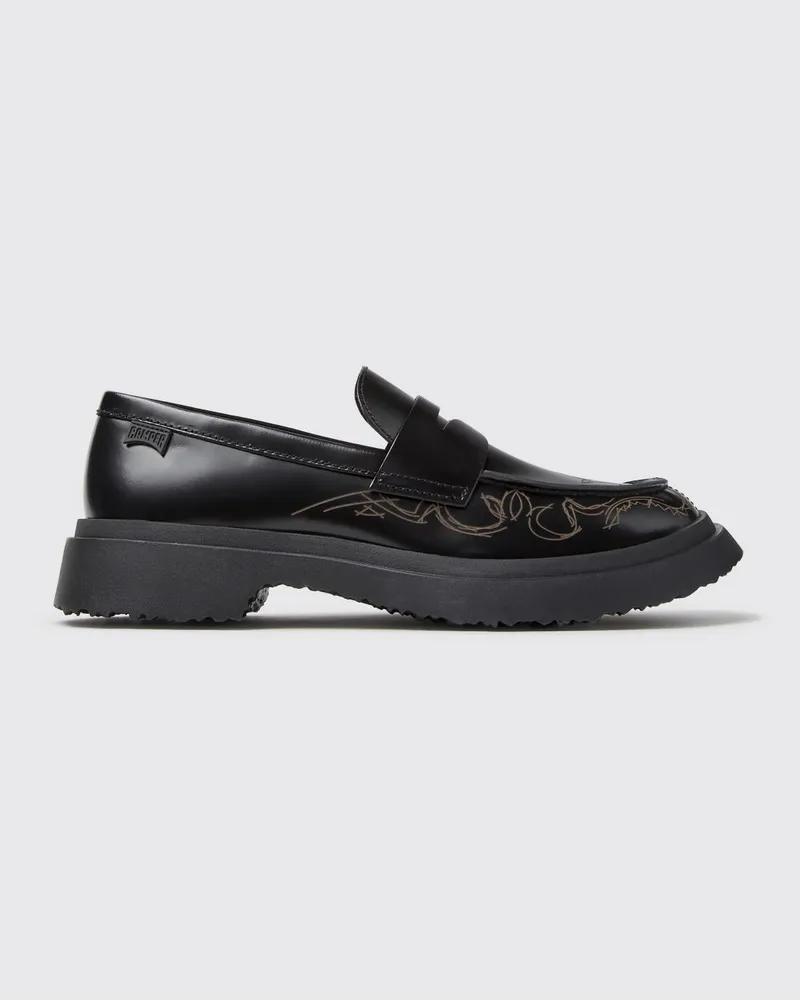 Camper Walden Loafer aus glattem Kalbsleder mit Grafikdruck und dicker Sohle Schwarz