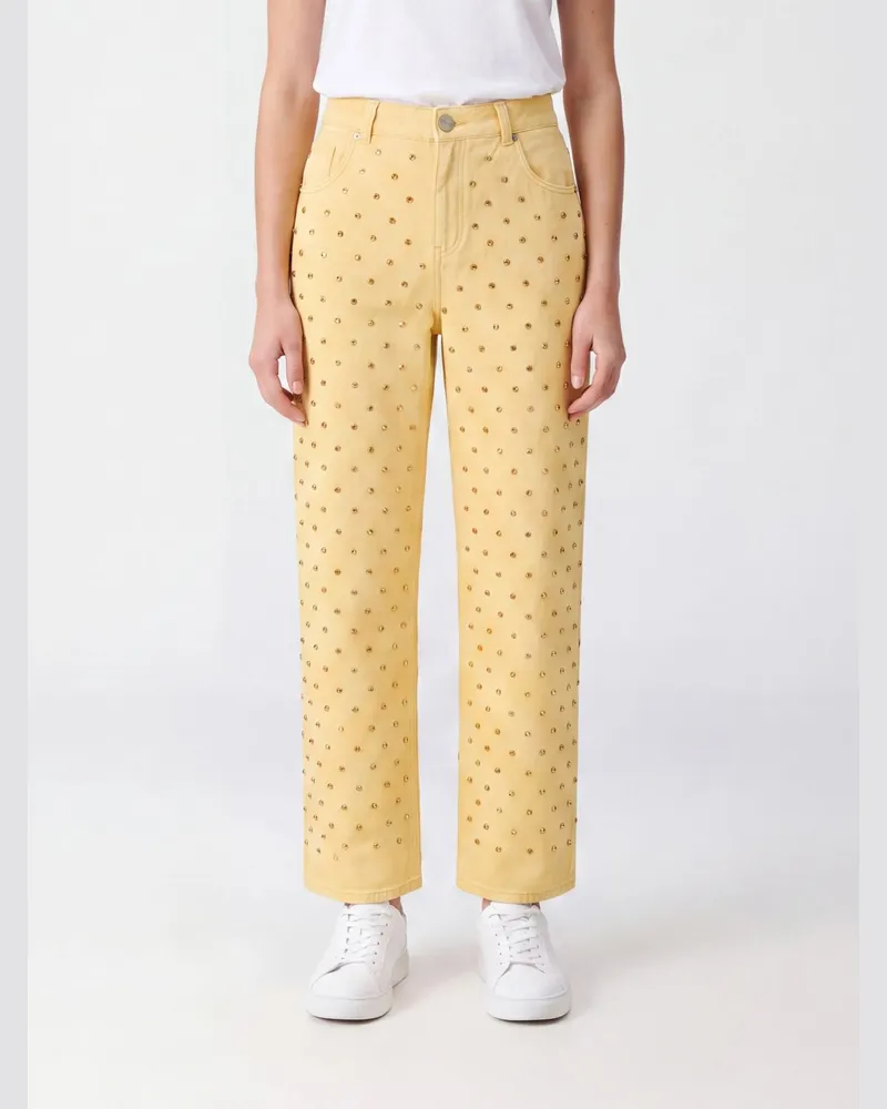 Pinko 5-Pocket-Hose aus Baumwolle mit geradem Bein und Strassbesatz Gelb