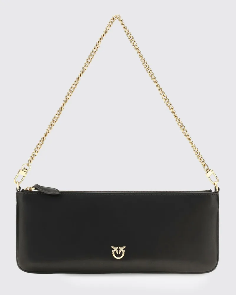 Pinko Horizontal Flat Schultertasche aus Leder mit Love-Birds-Logo Schwarz